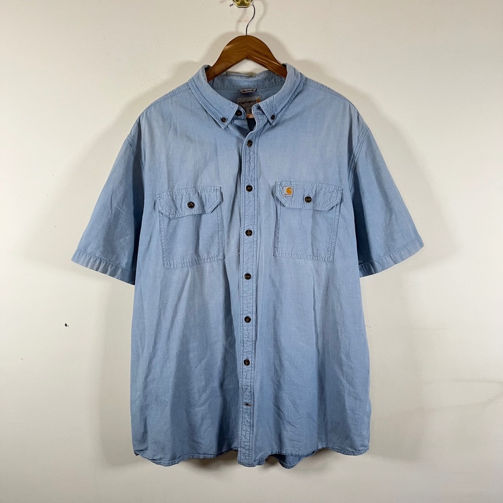 Vintage Carhartt Short Sleeve Denim Button Down Shirt Relaxed Fit Mens 2x